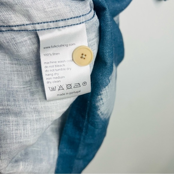 Folk Indigo Dot Soft Collar Linen Short Sleeve Button Up 3 Medium - Picture 7 of 8